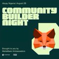 The image is a promotional graphic for a "Community Builders Night" event in Abuja on Saturday, August 26, featuring a stylized orange fox logo and registration details for Powered by MarsChain, aligning with the post's announcement about a Web3 community event onboarding attendees to MarsChain.