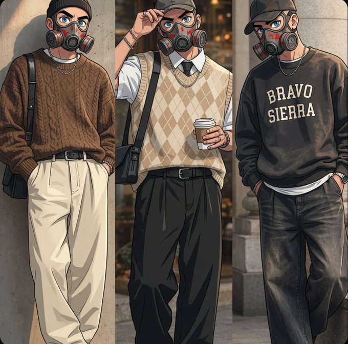 The image shows three stylized illustrations of a character wearing a gas mask and blue beanie, dressed in different streetwear outfits: a brown cable-knit sweater with cream pants, a beige argyle sweater vest with a tie holding a coffee cup, and a black sweatshirt reading "BRAVO SIERRA" with dark jeans.

The "BRAVO SIERRA" text and confident streetwear poses pair well with the post's motivational tone, suggesting a fresh start to the week with bold style and determination.
