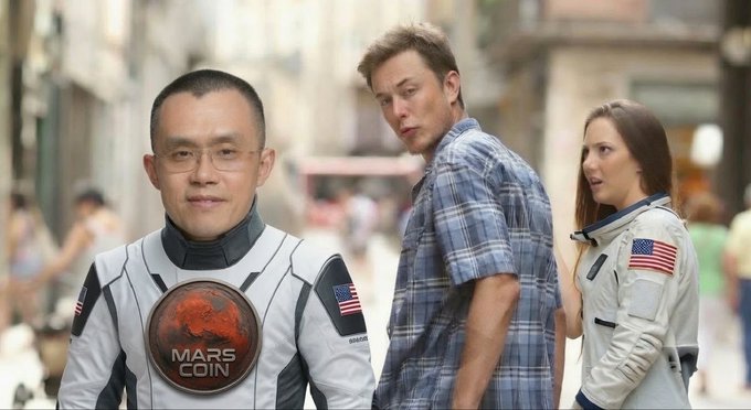A meme combining a scene from a movie with Elon Musk and a woman looking back, alongside an edited image of a man in a space suit featuring a "MARS COIN" logo on the chest.