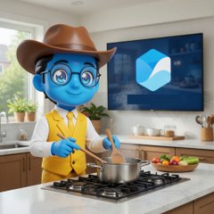 An animated blue cartoon character wearing a cowboy hat and yellow vest cooks at a stove in a modern kitchen.