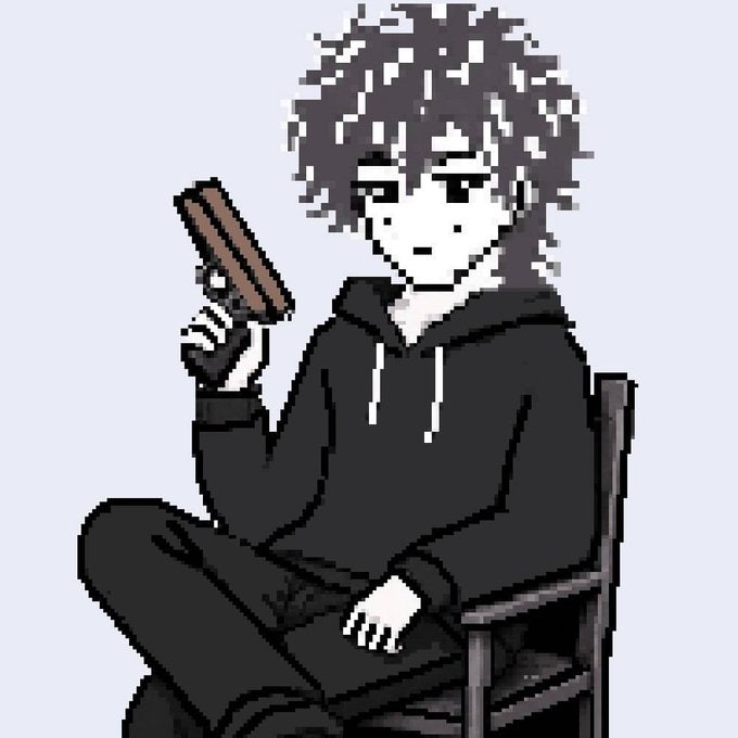 A pixel art illustration shows a person with dark hair sitting in a chair, wearing a hoodie, and holding a gun pointed upward.

The image relates to the post as a stylistic avatar, likely representing the host or promoter of the "Kawaii Odyssey WL Giveaway" on Monaverse.