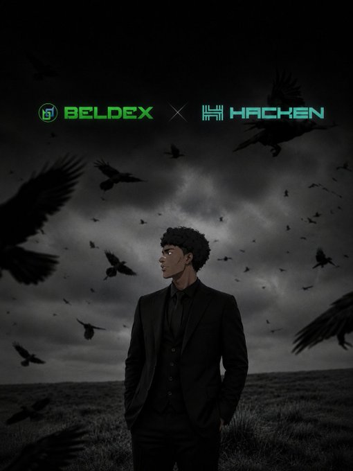 An animated illustration showing a collaboration between 'BELDEX' and 'HACKEN', featuring a young man in a dark suit standing in a field beneath a stormy sky filled with flying black birds.