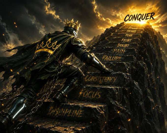 Dramatic digital artwork of a knight with a crown and cape climbing a stone staircase, with each step labeled with words like 'DISCIPLINE', 'FOCUS', 'CONSISTENCY', 'FAILURE', 'PAIN', 'DOUBT', 'FEAR', 'EXCUSES', leading up to 'CONQUER' at the top.