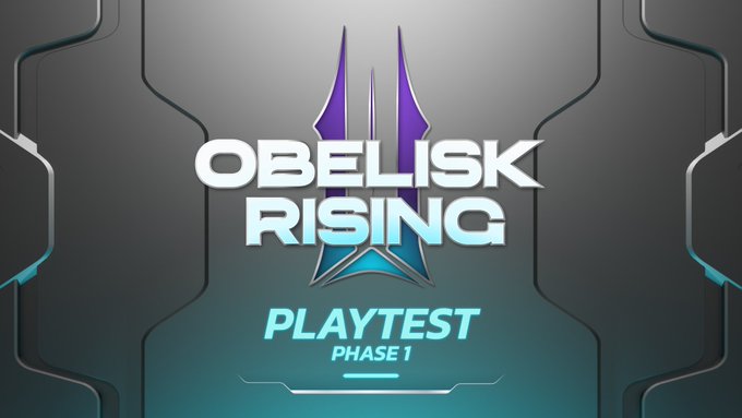 Promotional graphic for 'OBELISK RISING' displaying 'PLAYTEST PHASE 1' text over a futuristic metallic background with purple and blue accents.