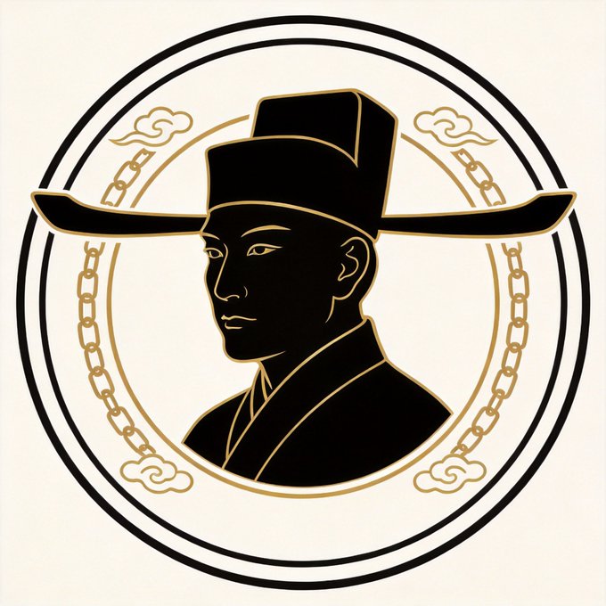 Black and gold circular emblem depicting a man in traditional East Asian attire and hat, framed by chains and clouds.