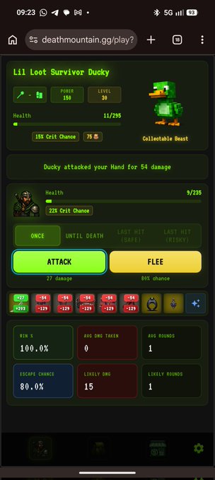 ili Lost Survivor Buddy, a green robot duck with a sword and shield, is shown on a phone screen displaying its health, attack, and flee options.
