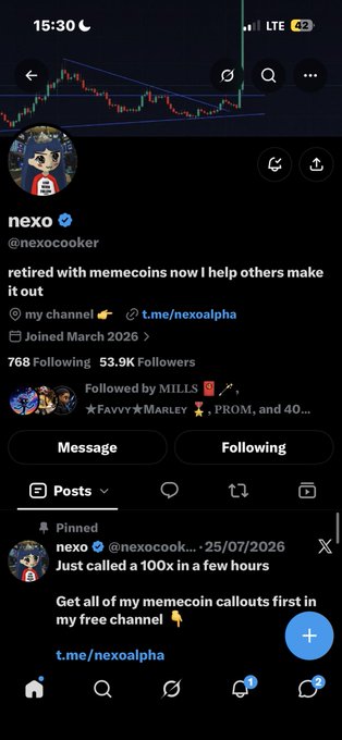 A Telegram profile page for 'nexo' (@nexocooker), a verified account with 53.9K followers, advertising memecoin callouts with a pinned post about a 100x gain.