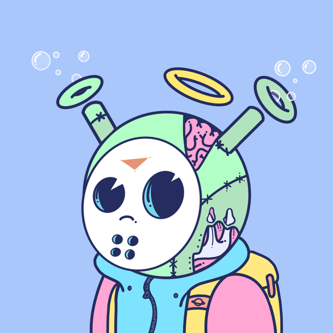 A digital illustration of a cute, cartoonish character with a white round face, large blue eyes, and a green headpiece featuring two antennae topped with spinning ring-like objects, with an exposed brain visible on the side.
