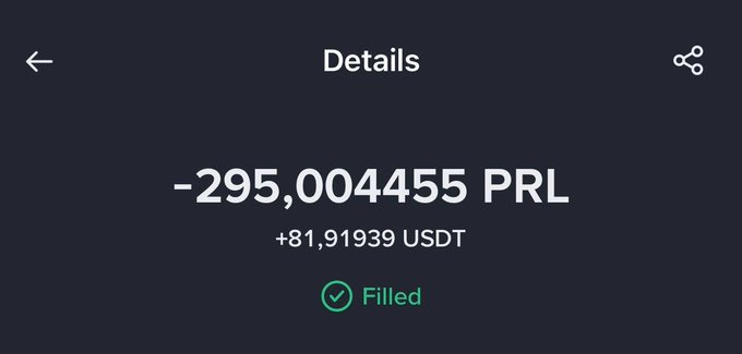 A dark screen showing transaction details: '-295.004455 PRL' and '+81.91939 USDT' with a green 'Filled' status indicator.