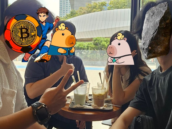 A group of people sitting at a cafe table with drinks, their faces obscured by cartoon stickers including a Bitcoin symbol, Ryu from Street Fighter, a hamster, and a pig.