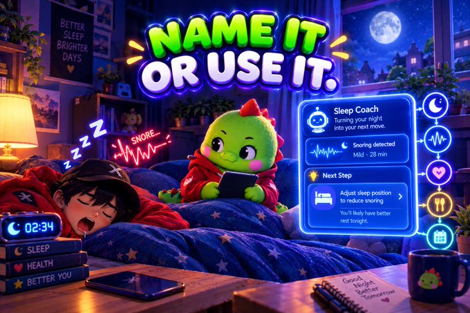 A vibrant cartoon-style advertisement with the text 'NAME IT OR USE IT' at the top, showing a sleeping boy in bed with a small green dinosaur wearing a red hoodie, alongside a 'Sleep Coach' interface panel displaying 'Snoring detected Mild · 28 min'.