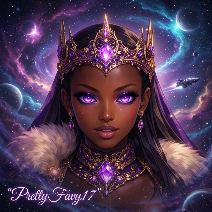Digital fantasy artwork of a regal woman with glowing purple eyes wearing an ornate golden crown adorned with purple gemstones. The piece is signed '"PrettyFavy17"' at the bottom, with a cosmic space background featuring planets and a spaceship.