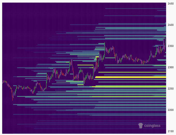 A dark-themed stock or crypto chart from Coinglass shows price action with horizontal volume/heatmap bars, ranging from approximately 2150 to 2450.