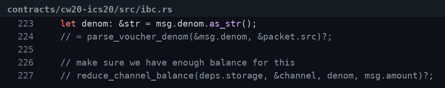 The image shows lines 223–227 of `contracts/cw20-ics20/src/ibc.rs`, where commented-out validation logic (`parse_voucher_denom` and `reduce_channel_balance`) has been replaced by simply extracting the denom via `msg.denom.as_str()` without verifying the source channel or escrow balance — illustrating the missing checks that enabled the $4.67M Axelar bridge exploit.