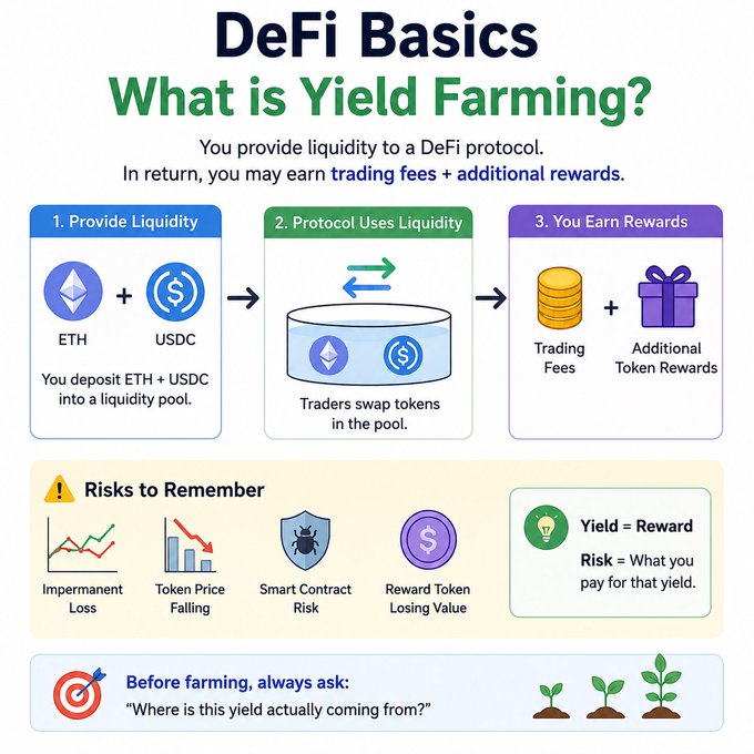 An educational 'DeFi Basics: What is Yield Farming?' infographic illustrating the three steps—provide liquidity, protocol uses it, and earn rewards—along with risks like impermanent loss and smart contract bugs.