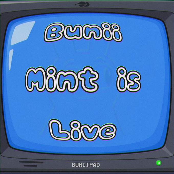 A retro-style CRT television with a blue screen displays the bubble-letter text "Bunii Mint is Live," with "BUNIIPAD" labeled at the bottom of the frame, matching the post's announcement that the Bunii mint is live and the first mint on BuniiPad has begun.