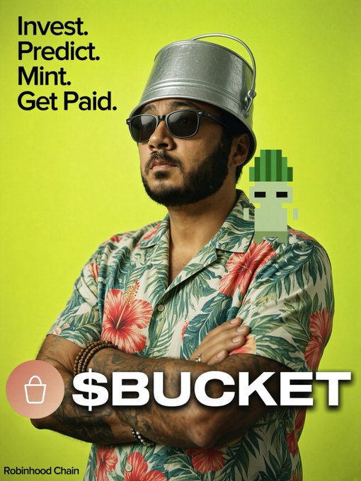 A man wearing a tropical Hawaiian shirt, sunglasses, and a metal bucket on his head stands with arms crossed against a bright green background, with bold text reading "Invest. Predict. Mint. Get Paid." and "$BUCKET" labeled as a Robinhood Chain project, accompanied by a pixelated green figure on his shoulder—directly tying into the post's "fuck it, we are $bucket" sentiment.
