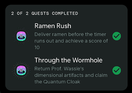 A screenshot showing "2 OF 2 QUESTS COMPLETED" in a game interface, listing the completed quests "Ramen Rush" (Deliver ramen before the timer runs out and achieve a score of 10) and "Through the Wormhole" (Return Prof. Wassie's dimensional artifacts and claim the Quantum Cloak), both marked with green checkmarks. The image relates to the post by suggesting these are quest completion achievements in a crypto/Web3 mobile game, likely tied to BakeLand's seasonal Seeker Summer campaign on Solana Mobile.