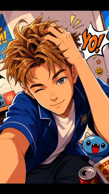 An anime-style illustration of a winking young man with messy brown hair wearing a blue jacket, posing next to a small blue cat-like creature, with comic-style 'YO!' and '!!' speech bubbles in the background.