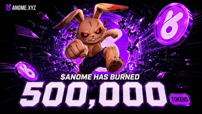 A menacing stitched bunny mascot punches through a shattered purple portal surrounded by floating ANOME tokens, announcing that 500,000 $ANOME tokens have been burned, with "ANOME.XYZ" displayed in the corner alongside the bold "500,000 TOKENS" text at the bottom.