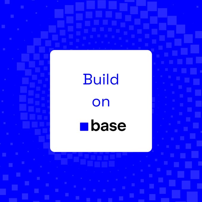 A blue and white graphic featuring the text "Build on ■base" centered in a white square against a pixelated blue background, serving as a branded visual to promote building on the Base blockchain network.
