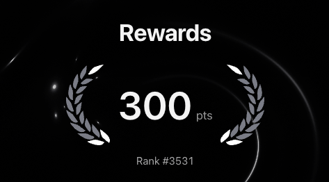 A dark rewards screen displaying 'Rewards 300 pts' with laurel wreath graphics, 'Rank #3531' text, and a glowing arc design.