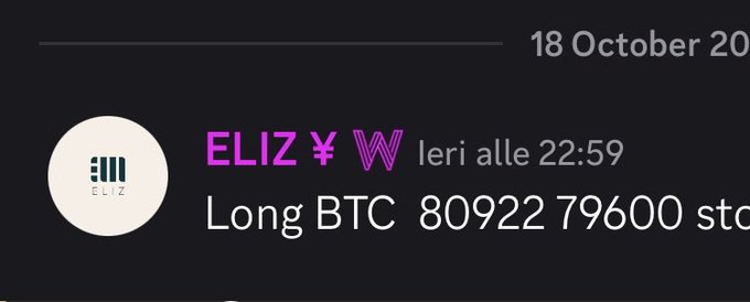 The image shows a Telegram message from user "ELIZ¥W" dated 18 October 2024 at 22:59, displaying a long position on BTC with an entry of 80922 and stop loss at 79600, aligning with the post's discussion of BTC's key resistance level at 83/83,500 that needs to be broken for further upward movement.
