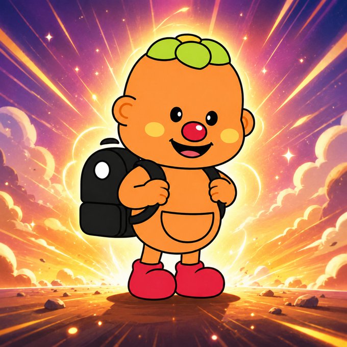 A cheerful orange cartoon character with green leaves on its head, rosy cheeks, a red nose, and a black backpack stands smiling against a vibrant, radiant sunset sky filled with sparkles and clouds. The image visually represents the post's theme of an "unpacker" sharing their final week 2 of July stock analysis, with the backpack symbolizing the author's role as a market analyst and the glowing, energetic background reflecting the excitement around SK Hynix's notable trading volume.