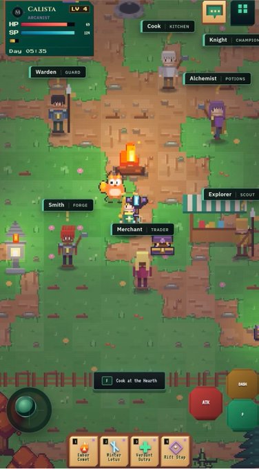 A pixel-art GameFi game called "Anasta Chronicle" shows a top-down village scene on RitualNet Chain where the player character "Calista" (LV 4, Archer) stands near NPCs labeled Warden, Cook, Knight, Alchemist, Smith, Explorer, and Merchant, with on-screen controls for ATK, DASH, and abilities like Ember Count, Winter Lotus, Verdant Dulse, and Rift Step. The post highlights the smooth controls and variety of activities (battling, fishing, crafting) that match the in-game options shown.