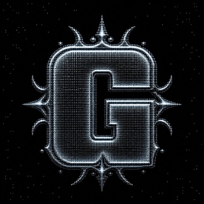 A stylized metallic 'G' logo embellished with rhinestones or diamonds, designed with pointed crown-like spikes around its edges on a black background.