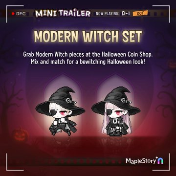 A MapleStory mini trailer advertising the "Modern Witch Set" Halloween coin shop items, showing two chibi witch characters in black hats and outfits against a purple Halloween-themed background.