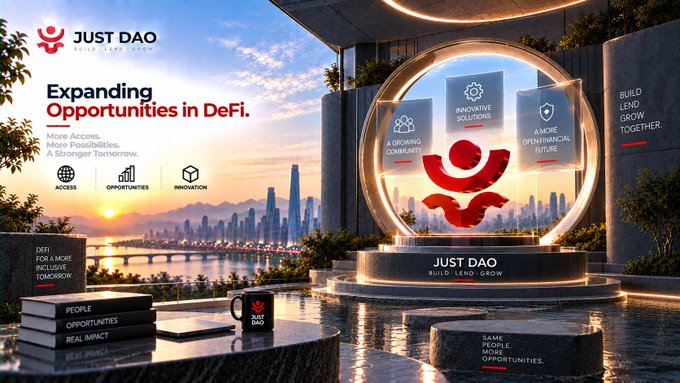 A promotional banner for 'JUST DAO' featuring the tagline 'Expanding Opportunities in DeFi' and 'BUILD. LEND. GROW. TOGETHER.' set against a city skyline.