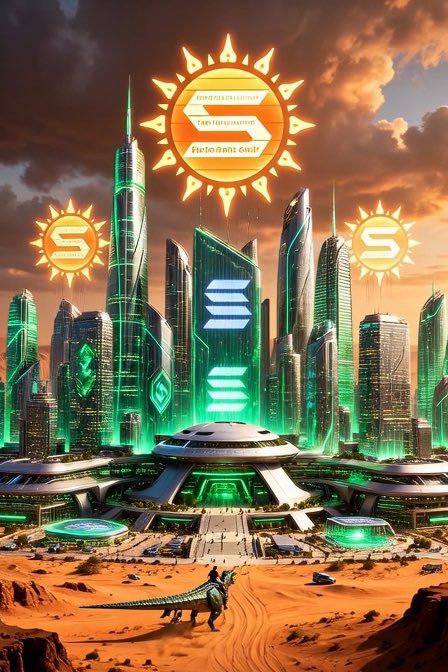 A futuristic sci-fi cityscape with towering skyscrapers and glowing green neon lights under a dramatic sunset sky, featuring a large sun-like emblem with an 'S' logo and a dinosaur walking on the desert sand in the foreground.