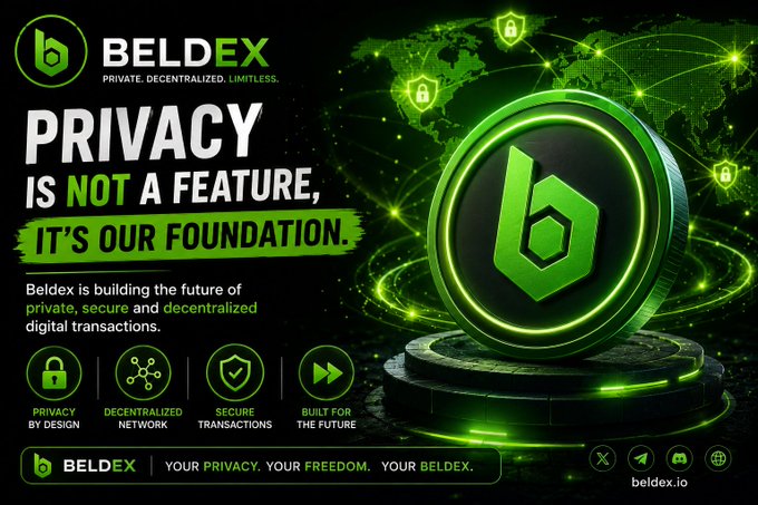 An advertisement for 'BELDEX' featuring a green coin logo and the text 'PRIVACY IS NOT A FEATURE, IT'S OUR FOUNDATION' alongside features like 'DECENTRALIZED NETWORK' and the website 'beldex.io'.