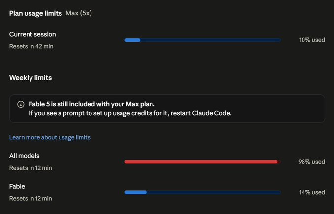 A 'Plan usage limits' screen showing the 'Current session' at 10% used and 'All models' at 98% used.