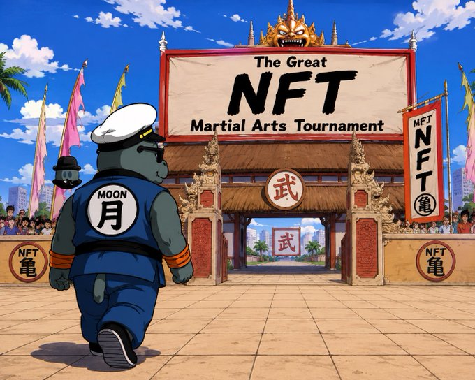 A hippo character labeled "MOON 月" wearing a sailor's uniform walks toward an ornate tournament gate under a banner reading "The Great NFT Martial Arts Tournament," styled in classic Dragon Ball Z anime fashion. The image visually ties to the post's announcement of a 16-fighter AI-generated tournament by depicting one of the cartoon combatants preparing to enter the arena.