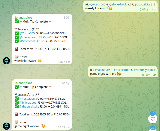 The image shows two separate messages posted on a social media platform, both containing text about a gaming event or reward system called Solanatipbot. The first message appears to be from someone named "Solanatip" who has just distributed some community rewards and is now asking if the user wants to join in. The second message is from another user named "ScottieBrick" who has posted about a gaming event or reward system, possibly discussing the Solanatipbot. Both messages contain text that includes numbers and emojis, which could be related to the rewards being distributed or the gaming event itself.