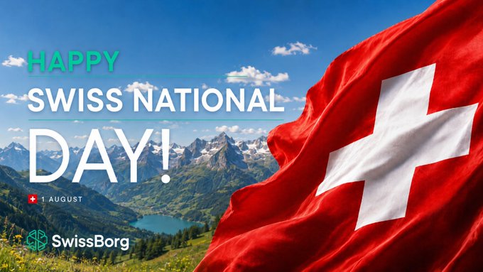 A promotional graphic reading 'HAPPY SWISS NATIONAL DAY! 1 AUGUST' with the SwissBorg logo, featuring the Swiss flag against a backdrop of Swiss mountains.
