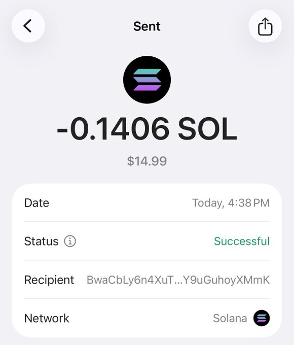 A cryptocurrency transaction confirmation showing -0.1406 SOL ($14.99) sent successfully via the Solana network, dated today at 4:38 PM to recipient BwaCbLy6n4XuT...Y9uGuhoyXMnK.
