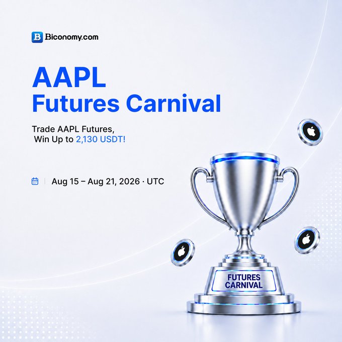 A promotional banner for Biconomy.com's "AAPL Futures Carnival" event, featuring a silver trophy and floating Apple-themed coins, advertising that traders can win up to 2,130 USDT by trading AAPL Futures between August 15-21, 2026 (UTC).