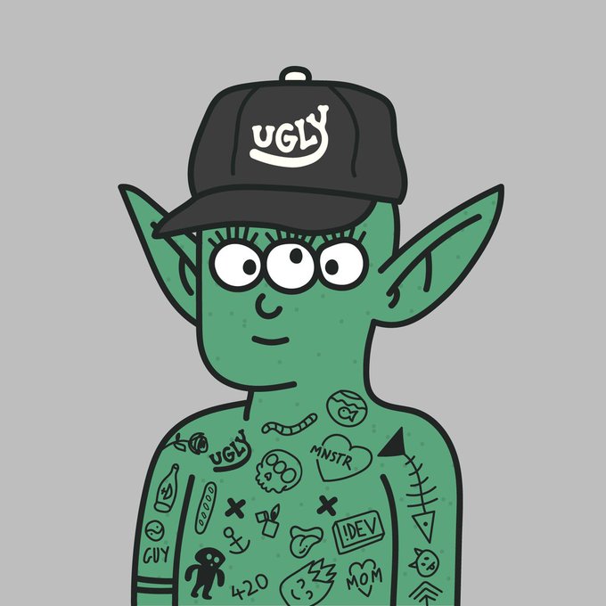 A green, three-eyed cartoon character wearing a black "UGLY" cap is depicted with tattoos covering its body, including phrases like "UGLY," "MNSTR," "IDEV," "GUY," "420," and "MOM." The illustration appears to be the SquigsNFT character referenced in the post, shown in a tattooed, edgy style that ties into the "#Ugly" and "#Squigs" hashtags.
