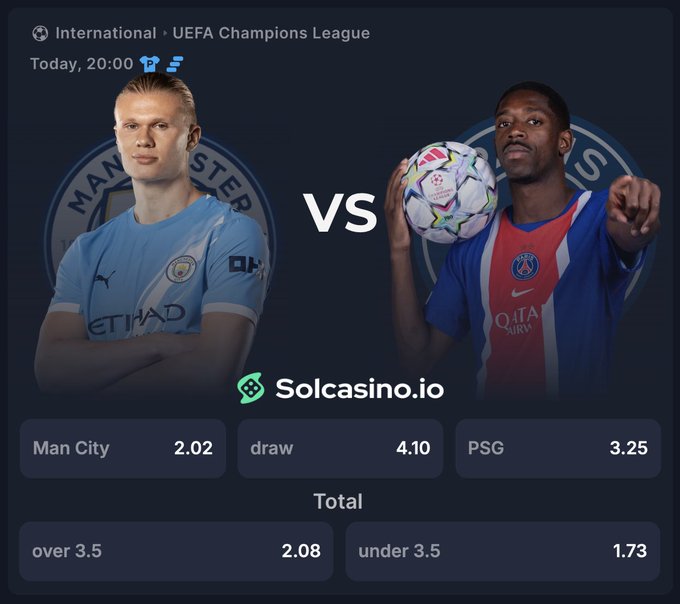 A Solcasino.io promo image showcasing today's UEFA Champions League match between Manchester City (2.02) and PSG (3.25) at 20:00, with a draw at 4.10, featuring players Erling Haaland and another PSG player holding a Champions League ball, alongside over/under 3.5 goals odds (2.08/1.73), inviting users to share their username and scoreline prediction to win $150.