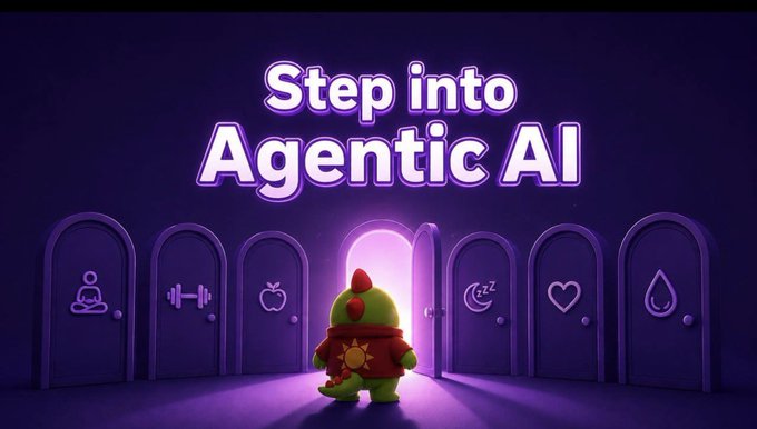 A promotional graphic reading 'Step into Agentic AI' showing a cartoon dinosaur character in a red outfit standing before glowing purple doors representing different categories like meditation, fitness, nutrition, and sleep.