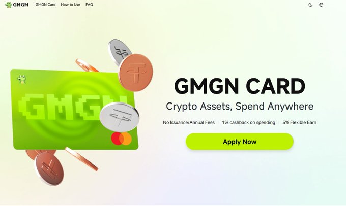 A promotional webpage for the GMGN Card featuring a green Mastercard with cryptocurrency coins, highlighting key benefits including "No Issuance/Annual Fees," "1% cashback on spending," and "5% Flexible Earn," with an "Apply Now" button. The image directly illustrates the crypto-to-spending service described in the post, showcasing the card users can sign up for through the gmgn.ai referral link.