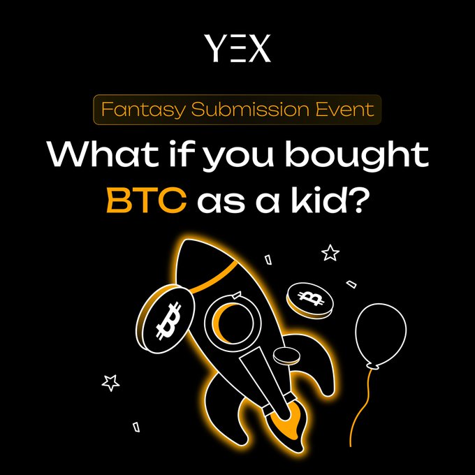 The image features an advertisement for a children's special event called "What if you bought Bitcoin as a kid?". The main visual element of the ad is a rocket ship, which is associated with Bitcoin, floating above balloons that represent Bitcoins. The text in the image reads, "Children's Day Special | What if you bought BTC as a kid? Imagine this: Instead of spending your allowance on snacks or toys... you bought Bitcoin Share your childhood BTC investment story to win! 20 lucky users will split 100 USDT in cash rewards.".