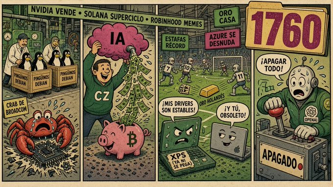 A colorful comic-style illustration features multiple panels with Spanish text including 'NVIDIA VENDE', 'SOLANA SUPERCICLO', '1760', 'ORO CASA', 'AZURE SE DESNUDA', 'OPENAI', and 'APAGADO'.