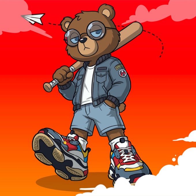 The image features a cartoon bear wearing glasses and holding a baseball bat while standing on a cloud-filled sky. The background of the image has an orange hue, which complements the bear's attire. There are also words visible in the image that seem to be related to the post it was created for.
