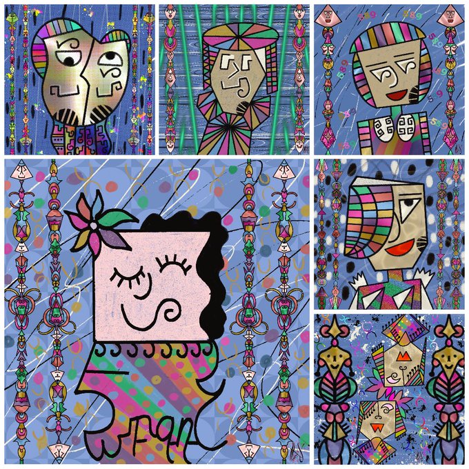 A vibrant collage of five colorful, abstract portraits in a folk-art or Miró-inspired style, featuring stylized faces with geometric patterns and decorative ornamental borders on blue backgrounds.