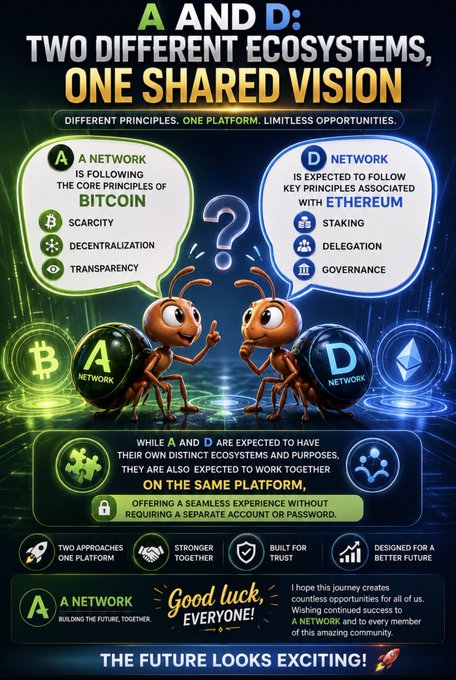 An infographic titled 'A AND D: TWO DIFFERENT ECOSYSTEMS, ONE SHARED VISION' comparing the 'A NETWORK' (Bitcoin principles: scarcity, decentralization, transparency) with the 'D NETWORK' (Ethereum principles: staking, delegation, governance), concluding 'THE FUTURE LOOKS EXCITING!'