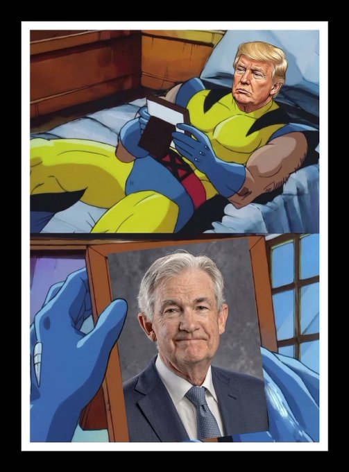 A two-panel cartoon depicting Donald Trump in a yellow superhero costume lying in bed, looking at a photo of Jerome Powell held by blue-gloved hands.